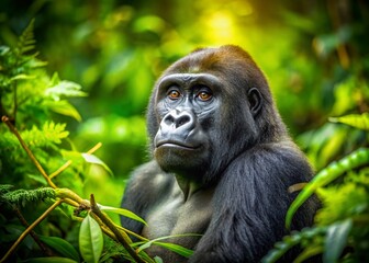 Obraz premium Tilt-Shift Gorilla Thinking, Miniature Primate, Wildlife Photography, Creative Animal Photo, Surreal Animal Image, Miniature World, Funny Gorilla