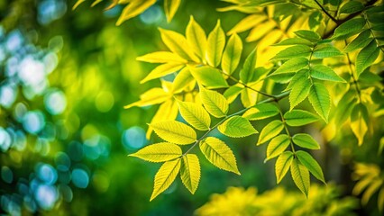 Obraz premium Tilt-Shift Green Ash Leaves Macro Photography - Golden Green Foliage, Blurred Background, Nature Closeup