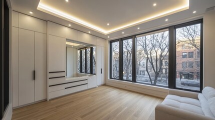 Obraz premium Modern bedroom with large windows, built-in wardrobes, and light wood floors.