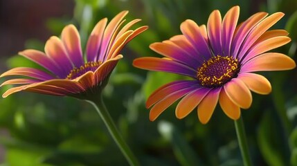 Vibrant Cape Daisies in Focus with Orange Petals and Purple-Pink Accents, Set Against Green Foliage, Garden Background, Soft Natural Lighting, Delicate Textures
