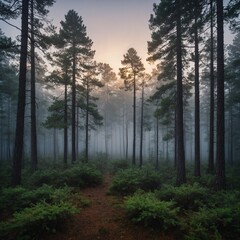 Obraz premium A dense fog rolling through a quiet pine forest at dawn.