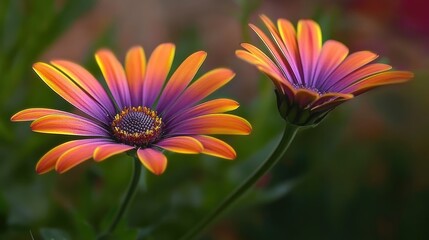 Vibrant Cape Daisies in Focus with Orange Petals and Purple-Pink Accents, Set Against Green Foliage, Garden Background, Soft Natural Lighting, Delicate Textures
