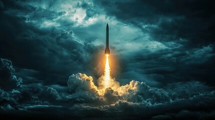 Obraz premium A dramatic depiction of a nuclear missile launch from a high-security military base under stormy skies