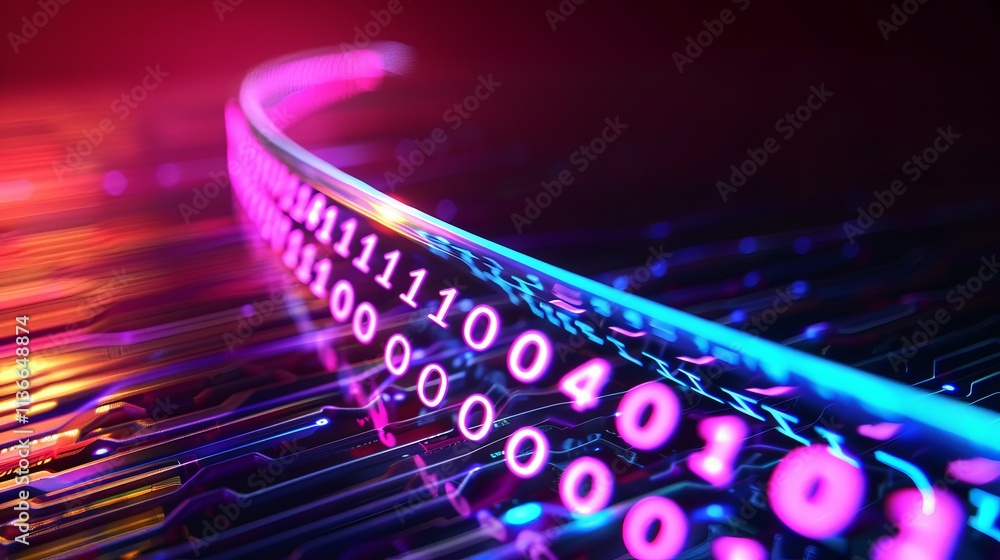 Poster a vibrant digital landscape with glowing binary code stream in blue and pink hues, symbolizing techn
