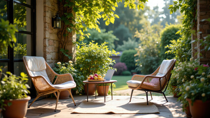 Obraz premium A cozy patio setting with comfortable chairs under a vine-covered pergola, perfect for enjoying summer evenings on a porch or patio.
