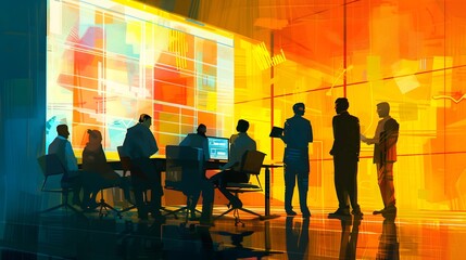 A professional business meeting scene illustrating strategy planning ,diverse group of executives analyzing data charts on a large screen