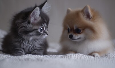 Obraz premium A close-up of a Maine Coon kitten and a Pomeranian puppy, both sitting side by side on a light gray backdrop