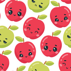 Vector seamless pattern with cute kawaii apples on white background. Kids print design.