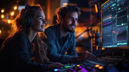 Young caucasian man and woman collaborating on audio production in a studio setting with technology