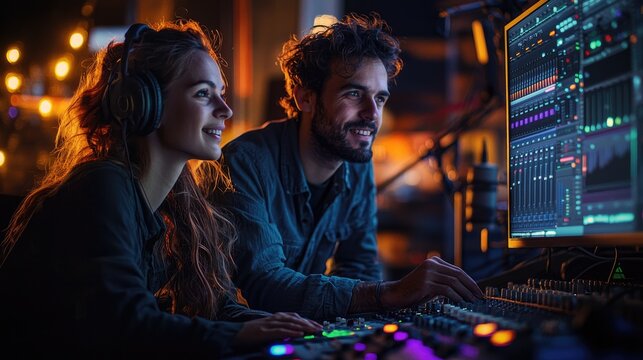 Young caucasian man and woman collaborating on audio production in a studio setting with technology