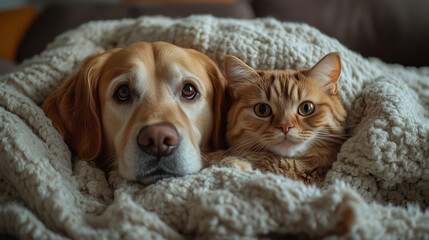 Close-up view of a dog and cat snuggling together under a cozy blanket