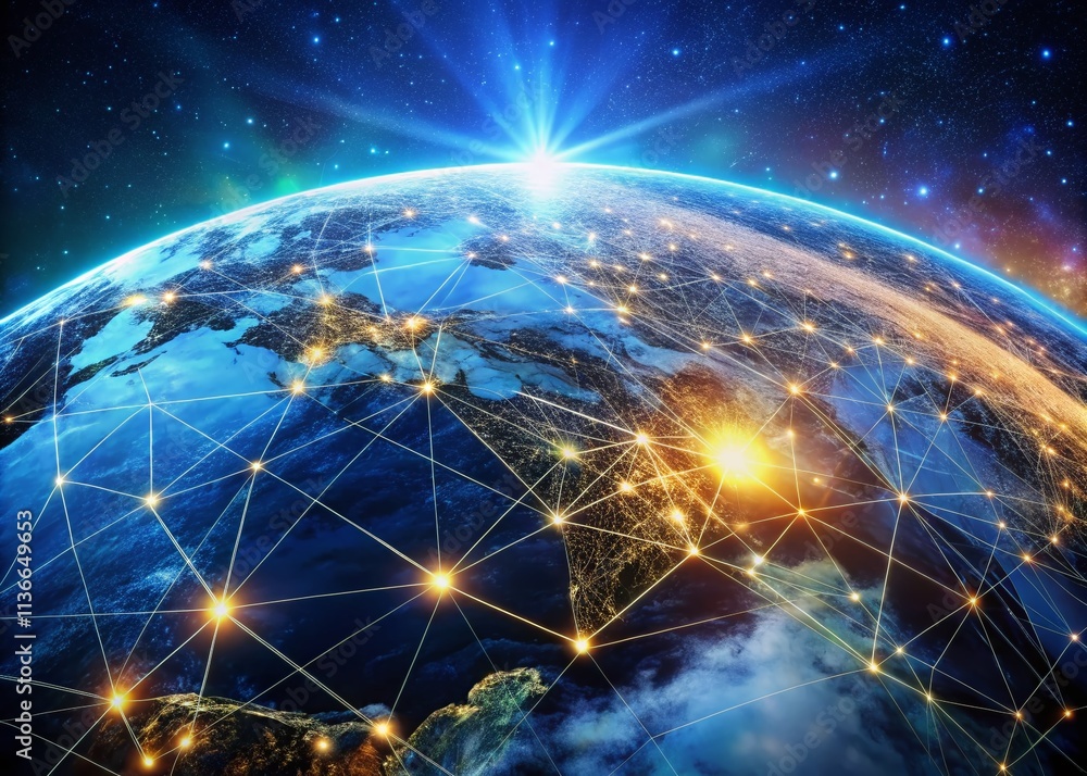 Aufkleber tilt-shift photography of planet earth from space: a digital network ecosystem showcasing shiny blue