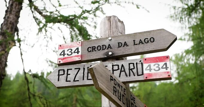 Croda da Lago Trail sign near Cortina d'Ampezzo, Dolomites mountains, Italy