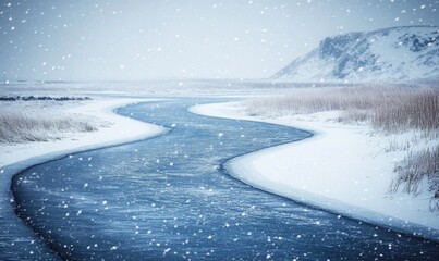 Fototapeta premium A river is frozen over with snow