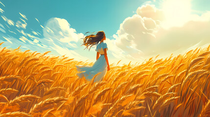 Fototapeta premium Golden wheat fields ripple gently in the warm summer breeze on a sunny day. zephyr. illustration. Zephyrine. Illustration