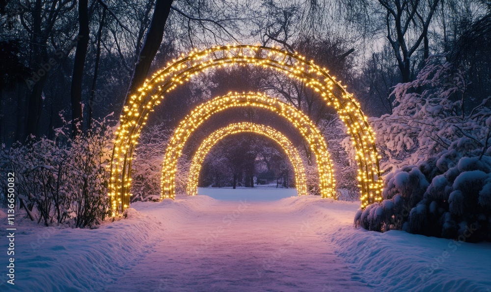 Poster a walkway with a large archway lit up with lights