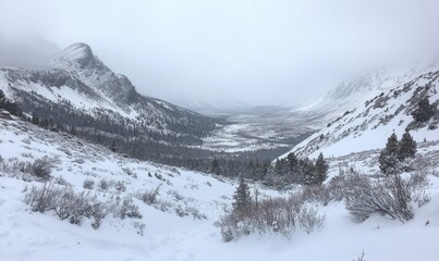 Obraz premium A snowy mountain range with a valley in the middle