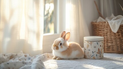 Fluffy bunny nestled in cozy kitchen with natural light