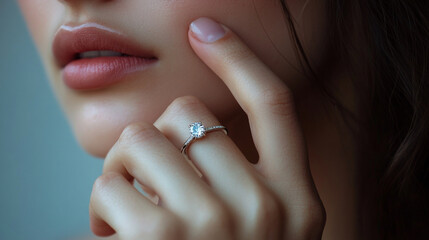 Elegant woman showcasing a diamond ring while highlighting her beauty in soft lighting