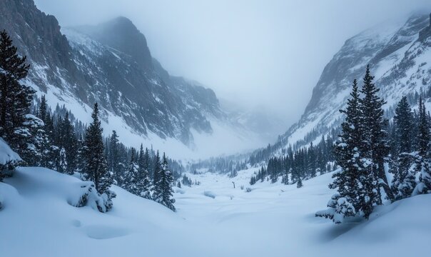 A snowy mountain range with trees and a valley in the background