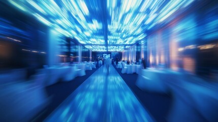 Fototapeta premium Corporate Event Networking Space Blur: Blurred view of a networking space at a corporate event