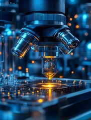 Close up of examining of test sample under the microscope in laboratory.