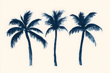 Minimalist illustration of three tropical palm trees in monochromatic blue silhouette, symbolizing summer, beach vibes, nature, tranquility, and tropical relaxation.


