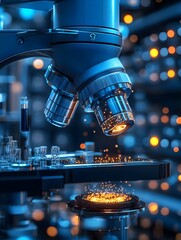 Close up of examining of test sample under the microscope in laboratory.