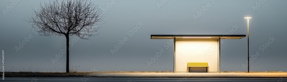 Poster a minimalist scene featuring a bus stop illuminated by a lamp, with a solitary tree in a foggy atmos