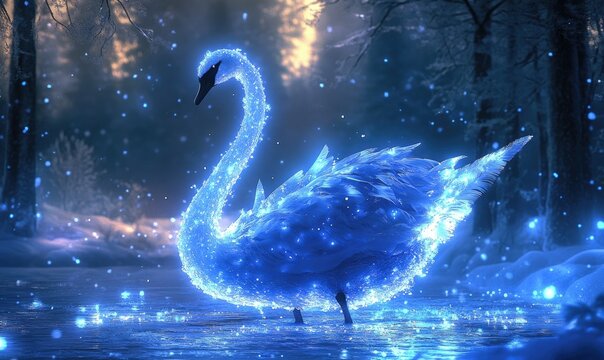 A blue swan is in the water