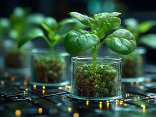 Young Sprout Agricultural Technologies, Scientific Research Banner, Organic Digital Background. Copy Space