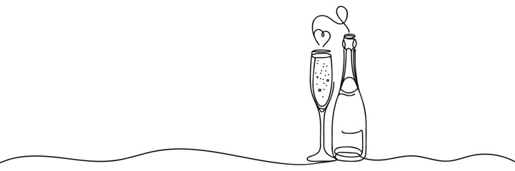 Continuous one line drawing of champagne bottle and glasses. Concept of cheers, toast, holiday in line art style. Illustration on white background © Vasyl Yurlov