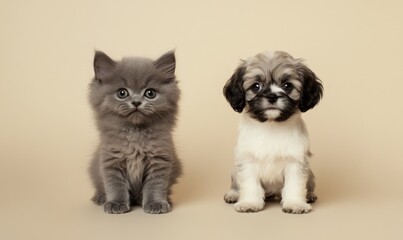 A Russian Blue kitten and a Shih Tzu puppy sitting on a neutral cream background