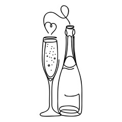 Continuous one line drawing of champagne bottle and glasses. Concept of cheers, toast, holiday in line art style. Illustration on white background