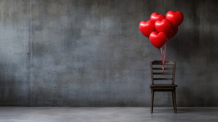 A rustic wooden chair holds several vibrant red heart-shaped balloons against a textured gray wall, creating a romantic ambiance, Ideal for love-themed events, advertisements, or greeting cards,