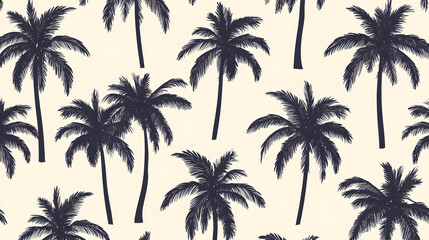 Seamless tropical palm tree pattern in black silhouette on beige background, ideal for beach-inspired designs, fabric prints, wallpapers, summer decor, and tropical aesthetics