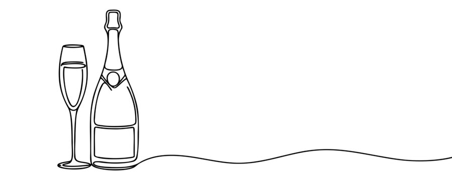 recommend clip art: Continuous one line drawing of champagne bottle and glasses. Concept of cheers, toast, holiday in line art style. Illustration on white background