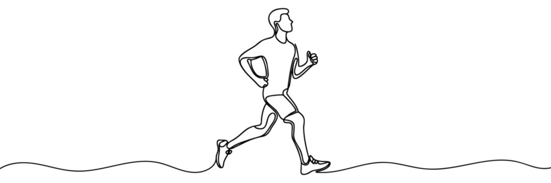 One continuous line drawing of young sporty runner man relax running at countryside Continuous one line drawing
