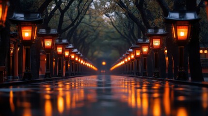 A tranquil pathway illuminated by glowing lanterns under a canopy of trees creates a serene...