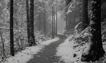 A snow covered path in the woods
