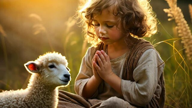Little Jesus Christ as child tending sheep on pasture, symbolizing early life lessons, faith, compassion in a rural setting surrounded by nature, highlighting religious themes and biblical stories.