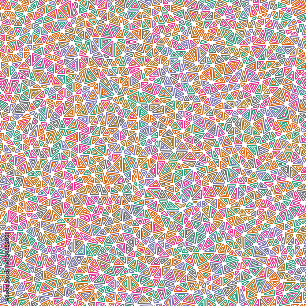 Poster triangle shapes background. small triangles size. multiple repeated inner triangles. multicolored st