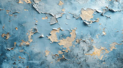 Weathered blue wall with peeling paint and exposed plaster