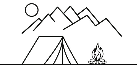 Continuous one line drawing of tent camping in outdoor. Canvas tent line art vector illustration.