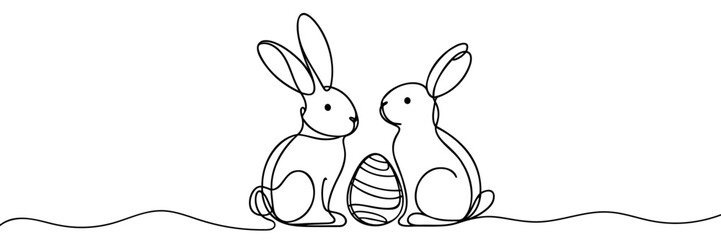 Easter Bunny continuous one line drawing. Easter border with eggs and cute cartoon bunny in continuous line art drawing style. Illustration for Easter with Rabbit Black and white vector © Vasyl Yurlov