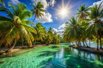 Fototapeta premium Tropical Beach Paradise: Lush Palms, Turquoise Waters, Idyllic Vacation Escape - Urban Exploration Photography