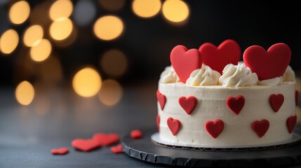 A beautifully decorated cake with red heart accents, perfect for romantic celebrations, birthdays, or Valentine's Day, Ideal for bakery promotions, party planning, or social media posts,