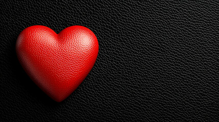 Obraz premium A vibrant red leather heart sits against a textured black background, symbolizing love and passion in a minimalist design.