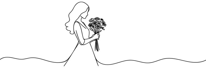 International Women's Day greeting card. Beautiful young woman with flowers in her hands line drawn. Vector illustration for advertising, poster, banner, print, website