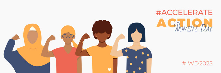 AccelerateAction. Women's Day. AccelerateAction. Women of different ethnicities. Horizontal Banner. March 8. Faceless vector illustration isolated on white background.